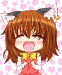  1girl :d ^_^ animal_ears brown_hair cat_ears chen closed_eyes fang hair_between_eyes jewelry long_sleeves open_mouth short_hair single_earring smile solo touhou 
