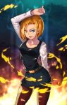  1girl android_18 belt black_legwear blonde_hair blue_eyes breasts denim_skirt dragon_ball dragon_ball_z fire highres open_mouth pantyhose puyon_(pixiv) simple_background skirt torn_clothes torn_pantyhose 