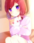  1girl :&lt; alternate_hairstyle bow button_eyes hair_bow highres looking_at_viewer love_live!_school_idol_project mafuyu_(chibi21) nishikino_maki pajamas redhead sleeves_past_wrists smile solo stuffed_animal stuffed_cat stuffed_toy twintails violet_eyes 