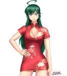  1girl ahoge blue_eyes borrowed_character breasts character_request china_dress chinese_clothes cleavage cowboy_shot dress green_hair hair_ornament hairclip hand_on_hip looking_at_viewer original red_dress short_dress smile solo taikyokuturugi transparent_background 