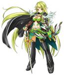  1girl black_boots blackjd83 boots bow_(weapon) breasts cape cleavage elsword green_eyes green_hair green_skirt long_hair miniskirt official_art pointy_ears rena_(elsword) serious skirt solo standing sword thigh-highs thigh_boots weapon white_background 