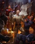  5boys armor bald batman building cape captain_america city clenched_hand clothes_grab clouds cloudy_sky crossover dc_comics debris embers fire floating gloves helmet highres iron_man lens_flare male male_focus marvel mask motion_blur multiple_boys muscle no_pupils onepunch_man red_gloves saitama_(onepunch_man) sky skyscraper superhero superman torn_clothes watermark web_address woo_chul_lee 