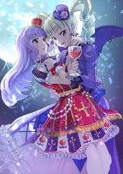  2girls aikatsu! apple aqua_eyes arm_around_neck arm_around_waist bangs bat_earrings bat_wings blonde_hair blunt_bangs blush cross cross-laced_clothes dress drill_hair drink earrings eyeshadow fang flower food food_themed_clothes frilled_dress frills fruit full_moon glass gothic_lolita hand_on_own_chest hat highres hikami_sumire holding jewelry juliet_sleeves koruse lolita_fashion long_hair long_sleeves looking_at_viewer makeup mini_top_hat moon multiple_girls night open_mouth pink_rose puffy_short_sleeves puffy_sleeves purple_hair rose short_sleeves smile top_hat toudou_yurika twin_drills vertical_stripes violet_eyes wings wrist_cuffs 