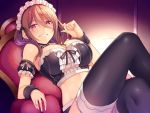  1girl arm_ribbon black_legwear breasts chair character_request copyright_request crop_top crossed_legs grin horosuke_(toot08) large_breasts long_hair lying maid_headdress midriff red_eyes seductive_smile smile solo thigh-highs wrist_ribbon 