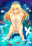  1girl absurdres atago_(kantai_collection) beret bikini blonde_hair blush breasts butterfly feet_in_water fish flower hat highres kantai_collection large_breasts long_hair looking_at_viewer lotus smile soaking_feet solo swimsuit water yashichii 