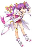  1girl :d aisha_(elsword) blackjd83 bow breasts cleavage detached_collar elsword gloves hair_ornament hairclip hand_on_hip miniskirt official_art open_mouth pink_bow pink_ribbon purple_hair purple_skirt ribbon shoes short_hair skirt smile solo twintails violet_eyes wand white_background white_gloves 