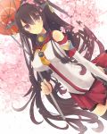  1girl brown_eyes brown_hair cherry_blossoms flower hair_flower hair_ornament highres kantai_collection long_hair oluha oriental_umbrella ponytail solo umbrella yamato_(kantai_collection) 