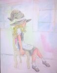  1girl acrylic_paint_(medium) apron blonde_hair chair dress frown graphite_(medium) hat highres kirisame_marisa long_hair mary_janes no_eyes profile shoes sitting solo texture touhou traditional_media watercolor_(medium) window witch_hat yuyu_(00365676) 