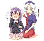  2girls closed_eyes closed_mouth comforting crying highres long_hair long_sleeves multiple_girls open_mouth petting pink_skirt pleated_skirt purple_hair reisen_udongein_inaba short_sleeves simple_background skirt smile tears touhou wavy_mouth white_background white_hair yagokoro_eirin yamato_(muchuu_paradigm) 