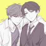  1boy 1girl apfl0515 arm_around_shoulder artist_name gekkan_shoujo_nozaki-kun kashima_yuu mikoshiba_mikoto monochrome necktie reverse_trap smile upper_body yellow_background 