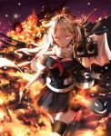  1girl aiming_at_viewer blonde_hair breasts cannon cowboy_shot crazy_smile embers explosion fangs fire glowing glowing_eyes hair_flaps hair_ornament hair_ribbon hairclip highres kantai_collection long_hair looking_at_viewer mecha_musume messy_hair neckerchief red_eyes remodel_(kantai_collection) ribbon scarf school_uniform serafuku serious shakugan_(natural_stay) short_sleeves smile solo straight_hair teeth torpedo turret wreckage yuudachi_(kantai_collection) 