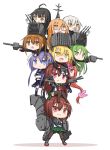  6+girls aa_gun ahoge binoculars black_hair black_serafuku black_skirt blonde_hair brown_eyes brown_hair chibi crescent_hair_ornament crossed_arms fumizuki_(kantai_collection) green_hair green_skirt hair_ornament high_ponytail jacket kantai_collection kikuzuki_(kantai_collection) kisaragi_(kantai_collection) long_hair long_sleeves low-tied_long_hair low_twintails machinery mikazuki_(kantai_collection) mochizuki_(kantai_collection) multiple_girls mutsuki_(kantai_collection) nagatsuki_(kantai_collection) neckerchief pantyhose pink_hair pleated_skirt ponytail purple_hair remodel_(kantai_collection) sailor_collar satsuki_(kantai_collection) school_uniform serafuku short_hair short_hair_with_long_locks simple_background skirt smile thigh-highs twintails uzuki_(kantai_collection) white_background white_hair yamato_tachibana yayoi_(kantai_collection) yellow_eyes 