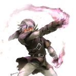  1boy artist_name belt dark_link fingerless_gloves gloves glowing glowing_eyes hat looking_at_viewer male_focus outstretched_arm pointy_ears red_eyes rito_(kinokosoup) silver_hair solo the_legend_of_zelda 