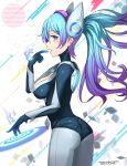  1girl absurdres alternate_costume ass blue_eyes blue_hair breasts cleavage colored_eyelashes from_side gradient_hair headband highres large_breasts league_of_legends long_hair looking_at_viewer multicolored_hair skin_tight solo sona_buvelle twintails very_long_hair 