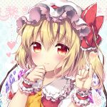  1girl blonde_hair flandre_scarlet heart looking_at_viewer mob_cap orange_eyes pinky_out riichu smile solo touhou wings wrist_cuffs 