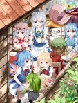  &gt;:q 6+girls :d animal_ears antennae blue_eyes blue_hair bow brown_eyes brown_hair cameo cat_ears chen cirno cup drinking food green_hair hair_bow hair_ribbon heterochromia highres holding ice ice_wings izayoi_sakuya karakasa_obake kazami_yuuka kochiya_sanae maid maid_headdress mob_cap multiple_girls obentou onigiri open_mouth remilia_scarlet ribbon rumia short_hair silver_hair smile steak tatara_kogasa teacup teapot tongue tongue_out touhou tsurukou_(tksymkw) umbrella wings wriggle_nightbug yakumo_ran 