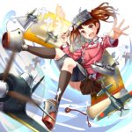  1girl a6m_zero airplane brown_eyes brown_hair flat_chest full_body japanese_clothes kantai_collection kariginu magatama onmyouji open_mouth pensuke ryuujou_(kantai_collection) scroll shikigami smile solo twintails visor_cap 