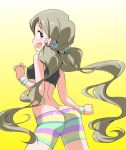  1girl :d ass bike_shorts brown_hair character_request gradient gradient_background idolmaster idolmaster_cinderella_girls long_hair looking_at_viewer looking_back midriff open_mouth smile solo sports_bra twintails very_long_hair yellow_background yellow_eyes yumekaranigeruna 