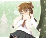  1girl black_skirt blush brown_eyes brown_hair cimeri folded_ponytail holding_hands inazuma_(kantai_collection) kantai_collection long_sleeves mittens neckerchief nose_blush pleated_skirt ponytail school_uniform serafuku skirt 