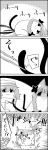  1girl 4koma animal_ears bow braid broken_glass cat_ears cat_tail chopsticks cirno comic glass hair_bow hat highres kaenbyou_rin letty_whiterock monochrome multiple_tails no_humans o_o open_mouth pose scarf shaded_face smile tail tail_grab tail_wagging tani_takeshi touhou translation_request twin_braids window yukkuri_shiteitte_ne 
