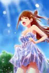  1girl :d blush brown_hair closed_eyes dress dress_lift half_updo idolmaster idolmaster_cinderella_girls long_hair open_mouth partially_submerged shimamura_uzuki smile solo t-hiko water wet wet_clothes 