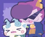  &gt;_&lt; cat chuno fangs furoshiki koma-san multiple_tails no_humans notched_ear open_mouth pompadour purple_background sunglasses tail two_tails warunyan wavy_mouth youkai youkai_watch 