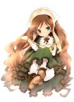  1girl brown_hair chibi dress frills green_dress hat headdress heterochromia long_hair looking_at_viewer rozen_maiden shoes simple_background smile solo suiseiseki tousen very_long_hair watering_can white_background 