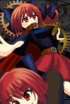  1girl belt blush cape collar covered_mouth disembodied_head faux_traditional_media gears highres multiple_heads red_eyes redhead sekibanki skirt solo touhou tunic uemura_shun 