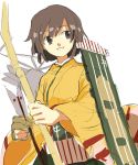  1girl amamori_kohan arrow bow_(weapon) brown_eyes brown_gloves brown_hair flight_deck gloves hiryuu_(kantai_collection) holding holding_weapon japanese_clothes kantai_collection long_sleeves looking_away quiver short_hair simple_background solo weapon white_background wide_sleeves yugake 