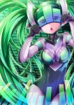  1girl blue_eyes caramelldansen chestnut_mouth dj dying0414 green_hair helmet league_of_legends long_hair navel open_mouth solo sona_buvelle twintails 