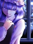  0-den 1girl book clouds crescent_hair_ornament hair_ornament hair_ribbon hat highres long_hair moon night one_eye_closed pajamas patchouli_knowledge purple_hair ribbon solo star_(sky) tongue tongue_out touhou violet_eyes window 