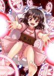  1girl animal_ears barefoot black_hair bloomers box danmaku dress inaba_tewi jacket jewelry looking_at_viewer necklace nibi outstretched_arms pink_dress puffy_short_sleeves puffy_sleeves rabbit_ears red_eyes short_sleeves sign smile solo spell touhou underwear upskirt 