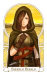  1girl art_nouveau brown_eyes brown_hair dark_souls_2 emerald_herald gloves hair_over_one_eye hood ocean sky solo souls_(from_software) toro_(6636) 