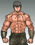  1boy abs clenched_hands highres hokuto_no_ken kenshirou manly muscle nameo_(judgemasterkou) scar shirtless solo upper_body wrist_wraps 
