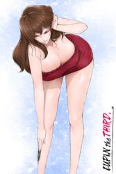  1girl bare_shoulders bent_over breasts brown_hair cleavage closed_eyes highres huge_breasts knife legs libre long_hair long_legs mine_fujiko shiny shiny_skin solo thighs 