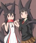  2girls animal_ears bangs black_hair borrowed_character cleavage_cutout collar dress long_hair looking_at_viewer multiple_girls neck_ribbon original pose quo625 red_eyes ribbon skirt smile tail tera-ko white_dress 