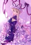  1girl alternate_hairstyle blonde_hair bow breasts cleavage cleavage_cutout dress gloves hair_bow hat large_breasts long_hair long_sleeves looking_at_viewer short_hair_with_long_locks smile solo touhou touya_(the-moon) umbrella violet_eyes white_gloves yakumo_yukari 