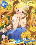  1girl blonde_hair bracelet character_name emily_stewart field flower flower_field glasses idolmaster idolmaster_million_live! jewelry long_hair looking_at_viewer musical_note signature smile twintails violet_eyes 