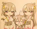  3girls :d ^_^ ahoge bare_shoulders black_hair black_serafuku blush braid closed_eyes commentary_check commentary_request detached_sleeves fusou_(kantai_collection) hair_flaps hair_ornament hair_over_shoulder jakoo21 japanese_clothes kantai_collection long_hair multiple_girls neckerchief nontraditional_miko open_mouth pleated_skirt red_eyes red_skirt remodel_(kantai_collection) ribbon school_uniform serafuku shigure_(kantai_collection) short_hair single_braid skirt smile wide_sleeves yamashiro_(kantai_collection) 