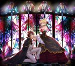  1boy 1girl beatrice blonde_hair blue_eyes bow breasts cape choker cleavage crown dress flower grey_eyes hair_bun hair_flower hair_ornament hand_kiss kiss necktie one_knee redhead smile sousui_hani stained_glass umineko_no_naku_koro_ni ushiromiya_battler 