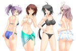  4girls ahoge aoba_(kantai_collection) aqua_eyes arm_behind_back arms_behind_back ass back bangs bare_shoulders bikini black_bikini black_hair breasts brown_hair collarbone covered_nipples frilled_bikini frills furutaka_(kantai_collection) glowing glowing_eye green_eyes hair_ornament hairclip hand_on_hip hands_on_own_chest heterochromia kako_(kantai_collection) kantai_collection kinugasa_(kantai_collection) large_breasts long_hair looking_at_viewer messy_hair multiple_girls navel one_eye_closed open_mouth parted_bangs pink_hair ponytail purple_hair remodel_(kantai_collection) rokushiru_(muzai-p) scrunchie short_hair simple_background smile swimsuit tsurime white_background yellow_eyes 