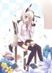  1girl adjusting_glasses animal_ears book checkered checkered_background flower fox_ears fox_tail glasses open_mouth original shio_(shia-ushio) silver_hair solo tail thigh-highs yellow_eyes 