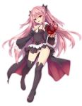  1girl bare_shoulders black_dress blood boots bow detached_sleeves dress highres krul_tepes long_hair looking_at_viewer owari_no_seraph panties pantyshot pantyshot_(standing) pink_hair pointy_ears red_eyes ribbon ryo simple_background small_breasts smile solo standing thigh-highs thigh_boots underwear vampire very_long_hair white_background white_panties 