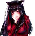  1girl animal_ears black_hair blush breast_rest breasts cat_ears facing_viewer hand_on_own_cheek hime_cut jabami_yumeko kakegurui large_breasts lips long_hair parted_lips red_eyes red_suit saiun_hanatsubasa shiny shiny_hair simple_background solo suit_jacket upper_body white_background 