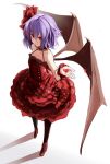  1girl alternate_costume alternate_headwear bat_wings black_legwear bow dress fami_(yellow_skies) full_body gradient gradient_background hair_bow hair_ornament highres lavender_hair looking_at_viewer looking_up pantyhose petals red_dress red_eyes remilia_scarlet short_hair simple_background smile solo strapless_dress touhou wings wrist_cuffs 
