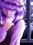  0-den 1girl blush book clouds crescent_hair_ornament hair_ornament hair_ribbon hat heavy_breathing highres long_hair moon night one_eye_closed pajamas patchouli_knowledge purple_hair ribbon solo star_(sky) tongue tongue_out touhou violet_eyes window 