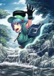  1girl bag black_gloves blue_eyes blue_hair blue_sky breasts commentary_request gloves h_kasei hair_bobbles hair_ornament hat invisible kawashiro_nitori key open_mouth river sky smile solo spell stealth touhou tree twintails water 