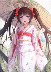  1girl :d black_hair blue_eyes bow byakuya_reki hair_bow hair_ribbon holding japanese_clothes kimono long_hair looking_at_viewer open_mouth oriental_umbrella original pixiv_fantasia pixiv_fantasia_t ribbon smile solo twintails umbrella water_balloon 