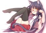  1girl ;3 animal_ears black_hair black_legwear cat_ears cropped_jacket glasses legs_up lying on_back one_eye_closed open_mouth original paw_pose reina_(black_spider) ribbon simple_background skirt solo tail thigh-highs yellow_eyes 