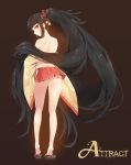  1girl absurdly_long_hair ass black_hair brown_background from_behind long_hair looking_back mawile miniskirt no_panties off_shoulder personification pleated_skirt pokemon ponytail red_eyes ribbon-trimmed_skirt ribbon-trimmed_sleeves ribbon_trim sandals simple_background skirt solo tiptoes very_long_hair wide_sleeves yonggi 